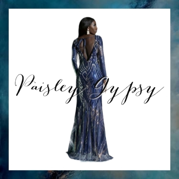 Sophisticated Long Sleeve High Neckline Sequin Formal Gown - Picture 3 of 13